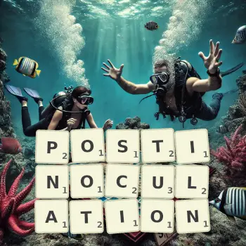 Creative illustration for a Scrabble game with the word POSTINOCULATION spelled out in tiles on the board.