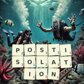 Creative illustration for a Scrabble game with the word POSTISOLATION spelled out in tiles on the board.