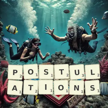 Creative illustration for a Scrabble game with the word POSTULATIONS spelled out in tiles on the board.
