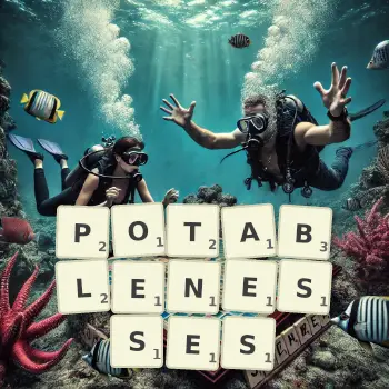 Creative illustration for a Scrabble game with the word POTABLENESSES spelled out in tiles on the board.