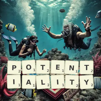 Creative illustration for a Scrabble game with the word POTENTIALITY spelled out in tiles on the board.