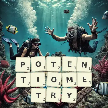 Creative illustration for a Scrabble game with the word POTENTIOMETRY spelled out in tiles on the board.