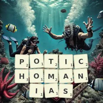 Creative illustration for a Scrabble game with the word POTICHOMANIAS spelled out in tiles on the board.