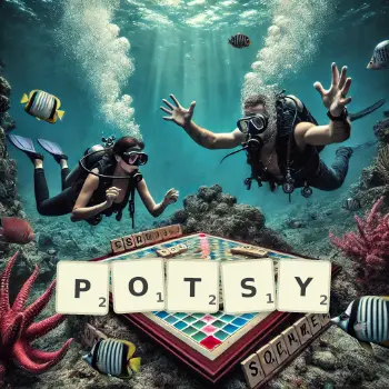 Creative illustration for a Scrabble game with the word POTSY spelled out in tiles on the board.