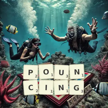 Creative illustration for a Scrabble game with the word POUNCING spelled out in tiles on the board.