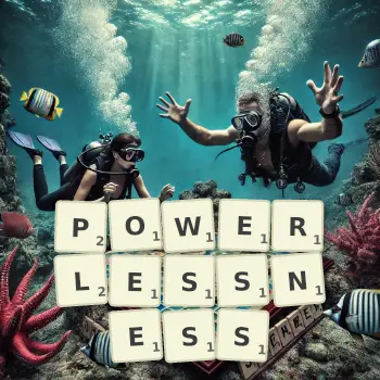 Creative illustration for a Scrabble game with the word POWERLESSNESS spelled out in tiles on the board.