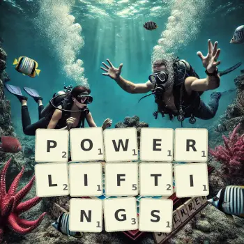 Creative illustration for a Scrabble game with the word POWERLIFTINGS spelled out in tiles on the board.