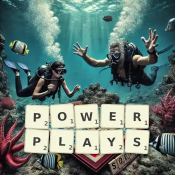 Creative illustration for a Scrabble game with the word POWERPLAYS spelled out in tiles on the board.