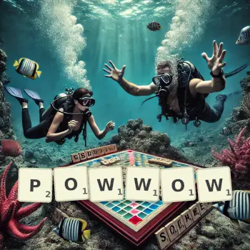 Creative illustration for a Scrabble game with the word POWWOW spelled out in tiles on the board.