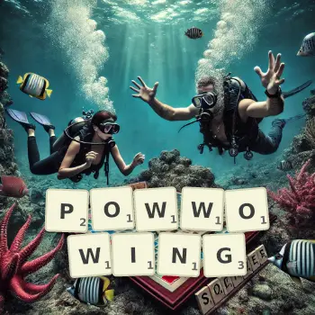 Creative illustration for a Scrabble game with the word POWWOWING spelled out in tiles on the board.