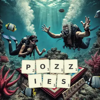 Creative illustration for a Scrabble game with the word POZZIES spelled out in tiles on the board.