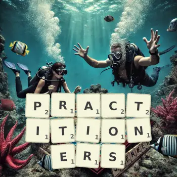 Creative illustration for a Scrabble game with the word PRACTITIONERS spelled out in tiles on the board.