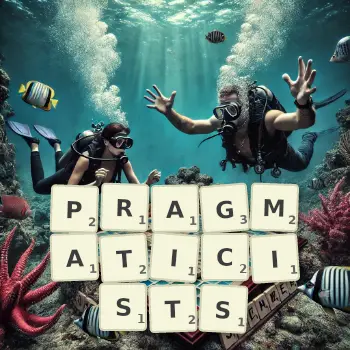 Creative illustration for a Scrabble game with the word PRAGMATICISTS spelled out in tiles on the board.