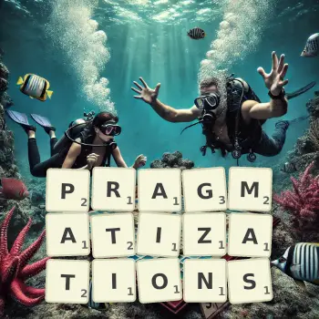 Creative illustration for a Scrabble game with the word PRAGMATIZATIONS spelled out in tiles on the board.