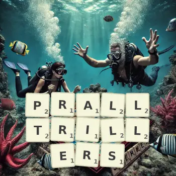 Creative illustration for a Scrabble game with the word PRALLTRILLERS spelled out in tiles on the board.