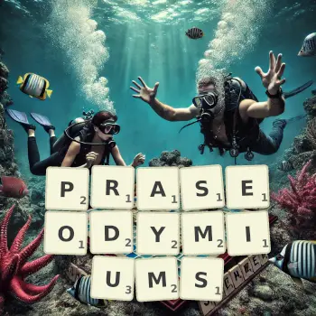 Creative illustration for a Scrabble game with the word PRASEODYMIUMS spelled out in tiles on the board.