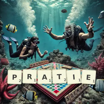 Creative illustration for a Scrabble game with the word PRATIE spelled out in tiles on the board.