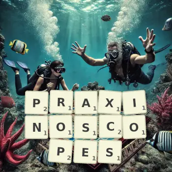 Creative illustration for a Scrabble game with the word PRAXINOSCOPES spelled out in tiles on the board.