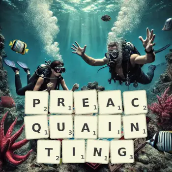 Creative illustration for a Scrabble game with the word PREACQUAINTING spelled out in tiles on the board.
