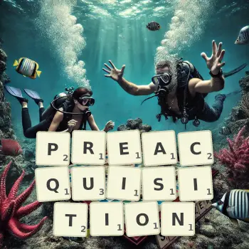 Creative illustration for a Scrabble game with the word PREACQUISITION spelled out in tiles on the board.