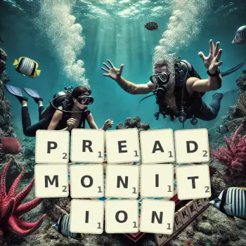 Creative illustration for a Scrabble game with the word PREADMONITION spelled out in tiles on the board.