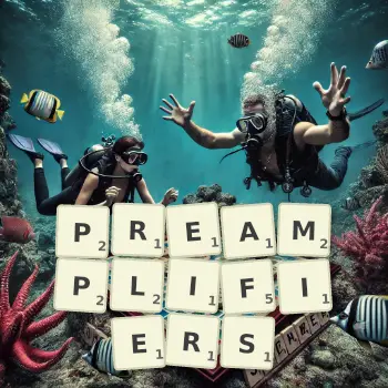 Creative illustration for a Scrabble game with the word PREAMPLIFIERS spelled out in tiles on the board.