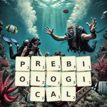 Creative illustration for a Scrabble game with the word PREBIOLOGICAL spelled out in tiles on the board.