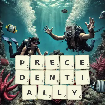 Creative illustration for a Scrabble game with the word PRECEDENTIALLY spelled out in tiles on the board.