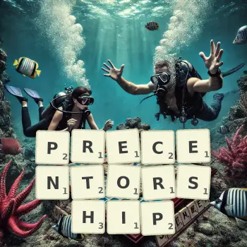 Creative illustration for a Scrabble game with the word PRECENTORSHIP spelled out in tiles on the board.