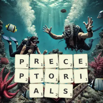 Creative illustration for a Scrabble game with the word PRECEPTORIALS spelled out in tiles on the board.