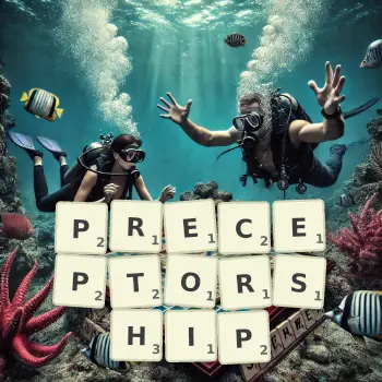 Creative illustration for a Scrabble game with the word PRECEPTORSHIP spelled out in tiles on the board.