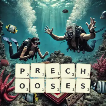 Creative illustration for a Scrabble game with the word PRECHOOSES spelled out in tiles on the board.