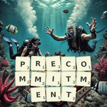 Creative illustration for a Scrabble game with the word PRECOMMITMENT spelled out in tiles on the board.