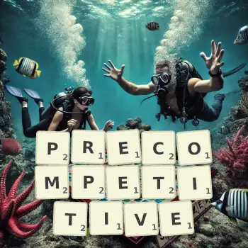 Creative illustration for a Scrabble game with the word PRECOMPETITIVE spelled out in tiles on the board.