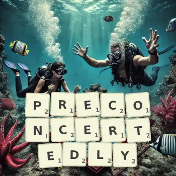 Creative illustration for a Scrabble game with the word PRECONCERTEDLY spelled out in tiles on the board.
