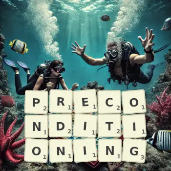 Creative illustration for a Scrabble game with the word PRECONDITIONING spelled out in tiles on the board.