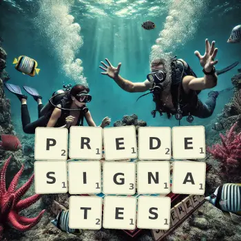 Creative illustration for a Scrabble game with the word PREDESIGNATES spelled out in tiles on the board.