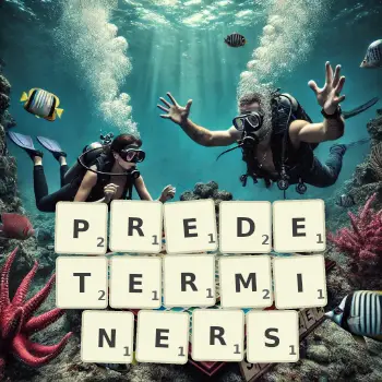 Creative illustration for a Scrabble game with the word PREDETERMINERS spelled out in tiles on the board.
