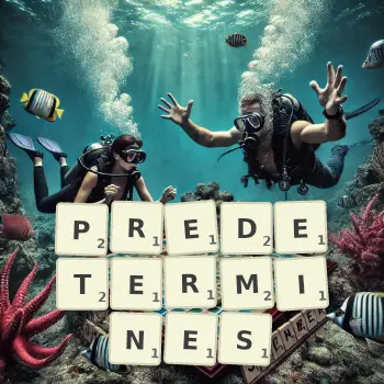 Creative illustration for a Scrabble game with the word PREDETERMINES spelled out in tiles on the board.