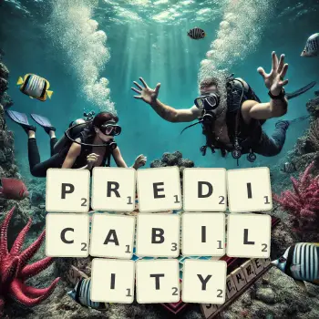 Creative illustration for a Scrabble game with the word PREDICABILITY spelled out in tiles on the board.