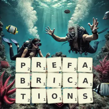 Creative illustration for a Scrabble game with the word PREFABRICATIONS spelled out in tiles on the board.