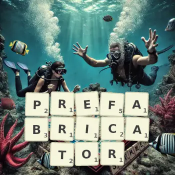 Creative illustration for a Scrabble game with the word PREFABRICATOR spelled out in tiles on the board.