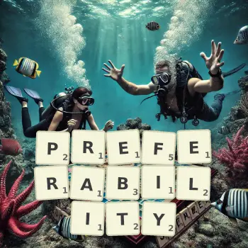 Creative illustration for a Scrabble game with the word PREFERABILITY spelled out in tiles on the board.