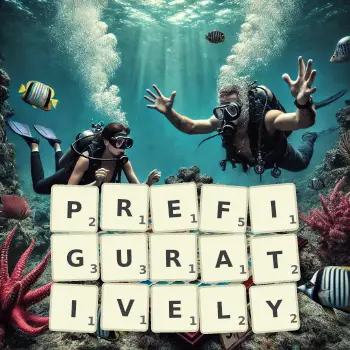 Creative illustration for a Scrabble game with the word PREFIGURATIVELY spelled out in tiles on the board.