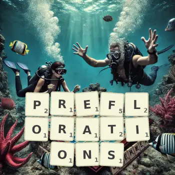 Creative illustration for a Scrabble game with the word PREFLORATIONS spelled out in tiles on the board.