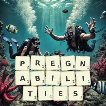 Creative illustration for a Scrabble game with the word PREGNABILITIES spelled out in tiles on the board.