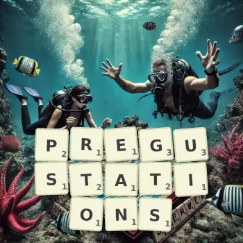 Creative illustration for a Scrabble game with the word PREGUSTATIONS spelled out in tiles on the board.