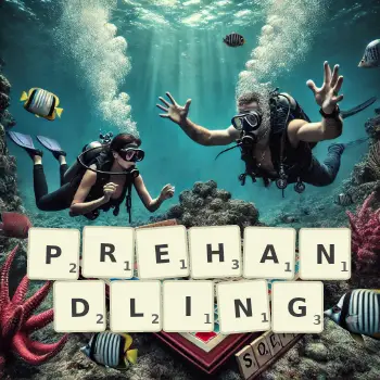 Creative illustration for a Scrabble game with the word PREHANDLING spelled out in tiles on the board.