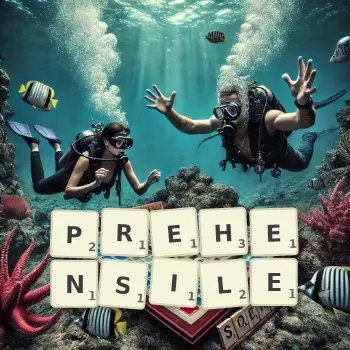 Creative illustration for a Scrabble game with the word PREHENSILE spelled out in tiles on the board.