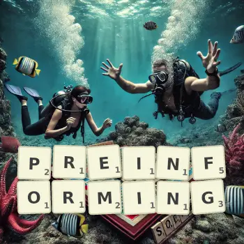 Creative illustration for a Scrabble game with the word PREINFORMING spelled out in tiles on the board.